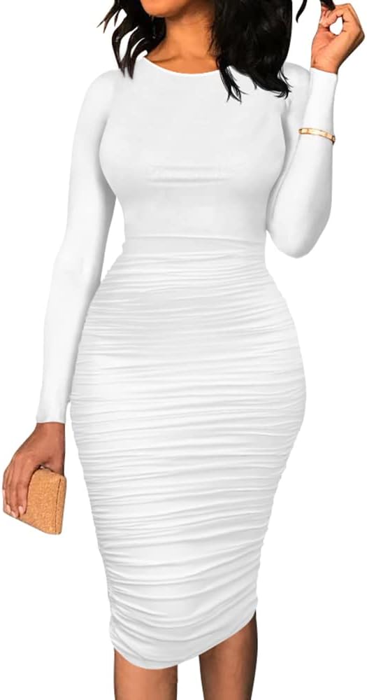 BEAGIMEG Women's Ruched Long Sleeve Elegant Bodycon Basic Casual Midi Dress