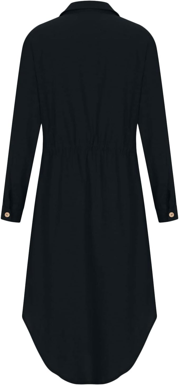 Women's Maxi Shirt Dresses Solid Cotton Linen Button Lapel Long Sleeves Summer Irregular Hem Daily Casual Sundress