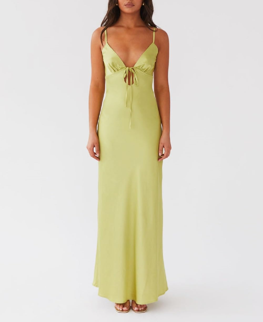 Luckinbaby Women Y2k Spaghetti Strap Maxi Dress V Neck Tie Front Cutout Long Cami Dress Backless Party Wedding Dress