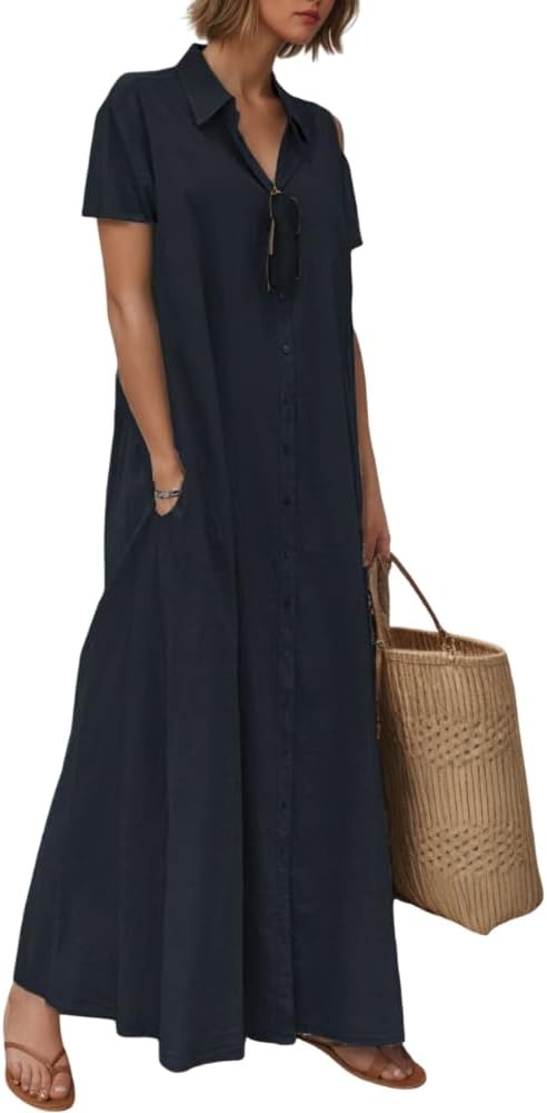TIAFORD Womens 2025 Trendy Button Down Cotton Linen Maxi Dress Plus Size Short Sleeve Lapel Shirt Dresses with 2 Pockets
