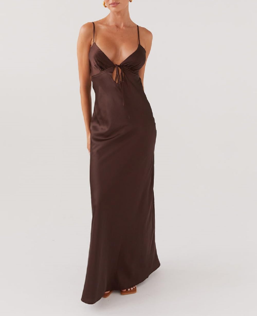 Luckinbaby Women Y2k Spaghetti Strap Maxi Dress V Neck Tie Front Cutout Long Cami Dress Backless Party Wedding Dress