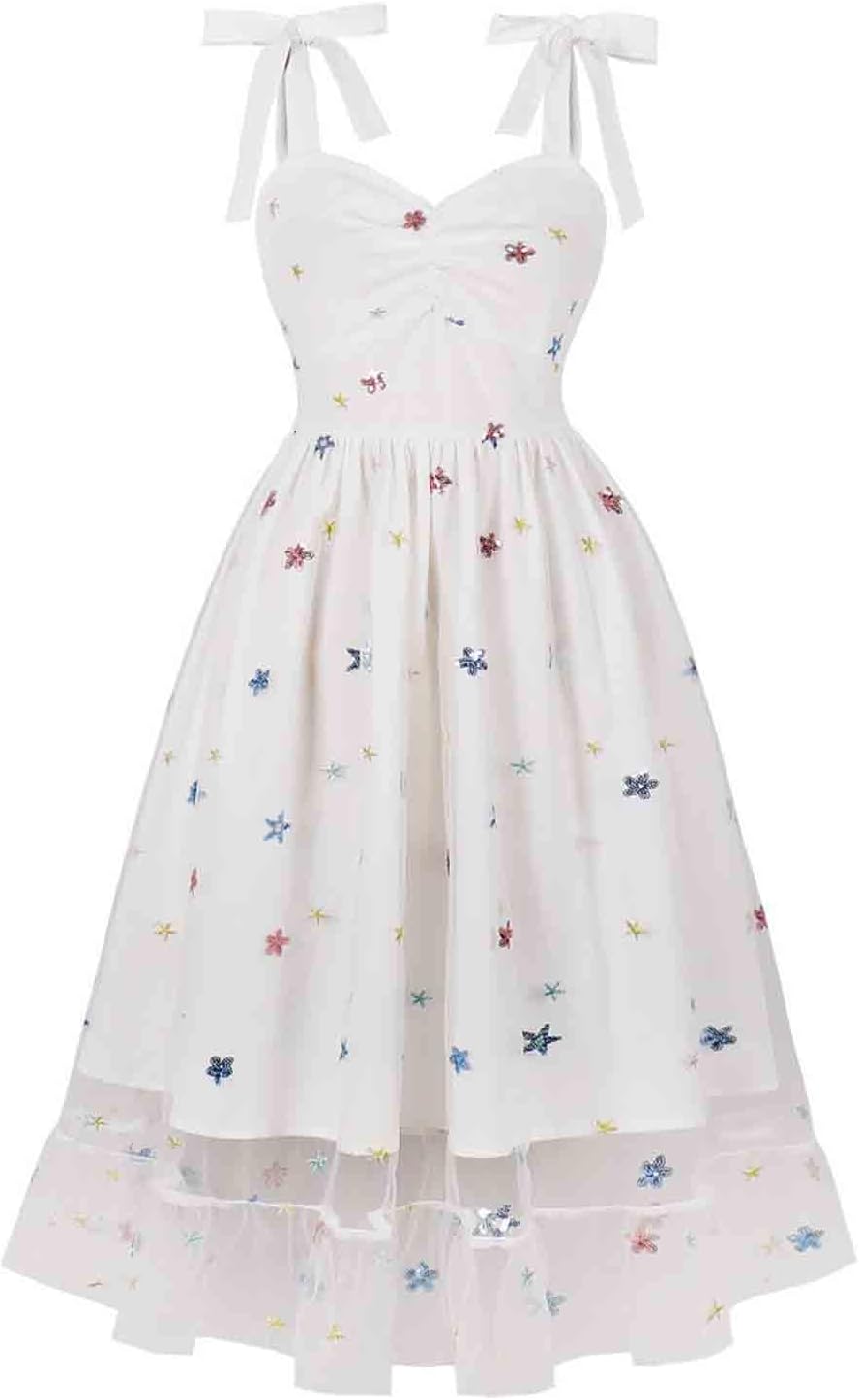 HGps8w Vintage Cocktail Dress for Women, Elegant Butterfly Embroidered Lace V Neck Sleeveless A-Line Party Swing Dresses