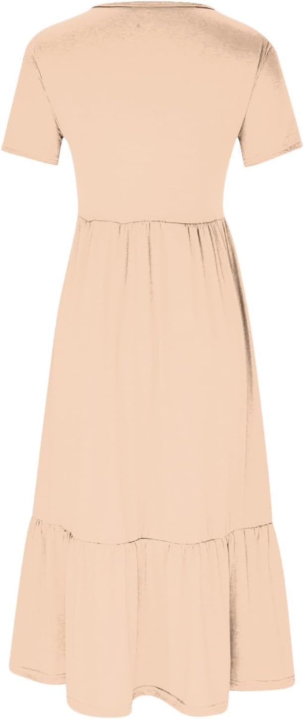 XUNRYAN Summer Dresses for Women 2024 Casual Calf Length Maxi Dress Pleated Flowy Tiered Swing Beach Sundress with Pockets