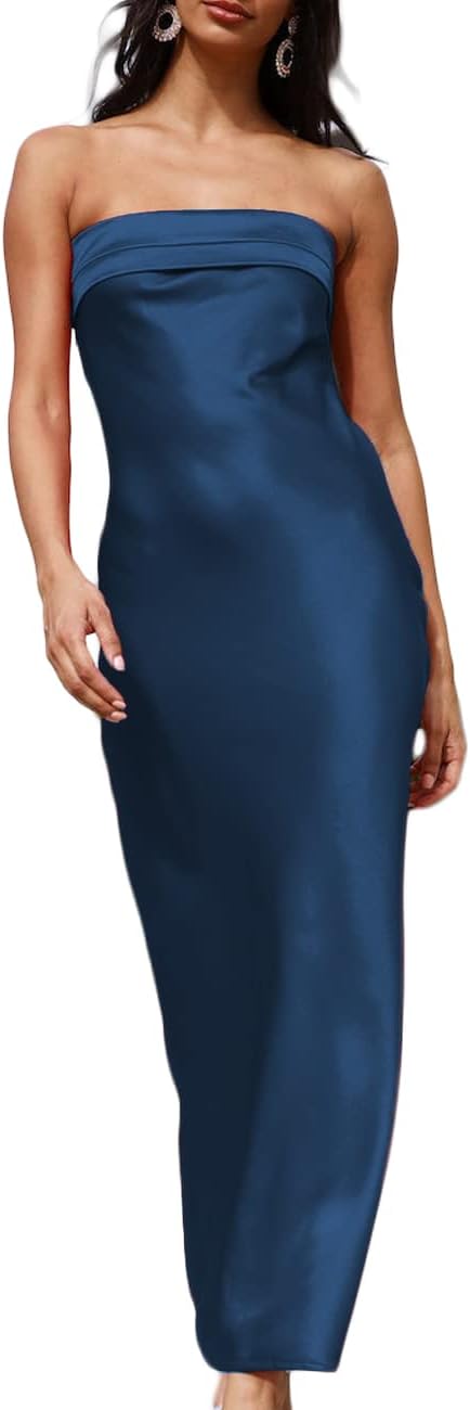 Realtix Satin Silk Backless Tube Tops Maxi Dress for Women Low Back Hollow Out Elegant Strapless Long Dresses Wedding Guest