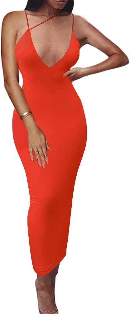 PRIMODA Women's Sexy Neon Asymmetrical Spaghetti Strap Dress Deep V-Neck Sleeveless Bodycon Midi Club Dress