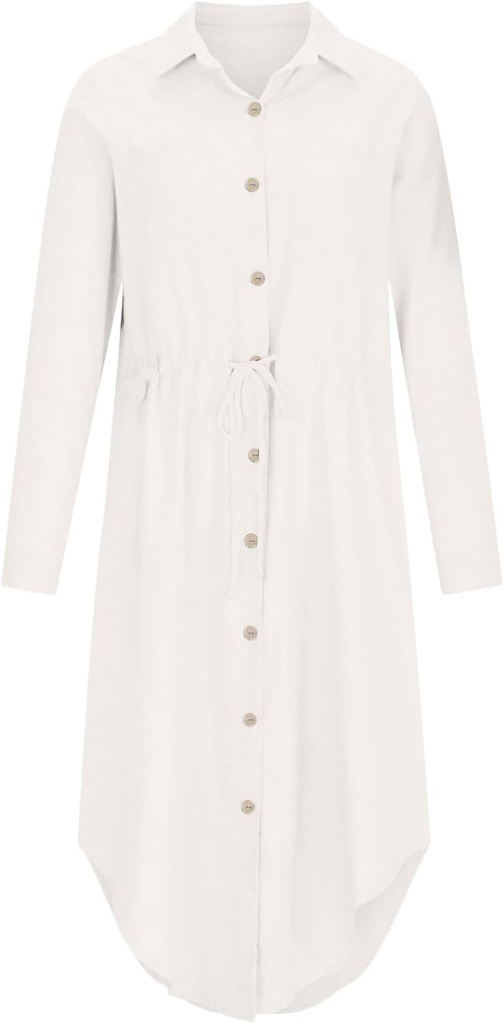 Women's Maxi Shirt Dresses Solid Cotton Linen Button Lapel Long Sleeves Summer Irregular Hem Daily Casual Sundress