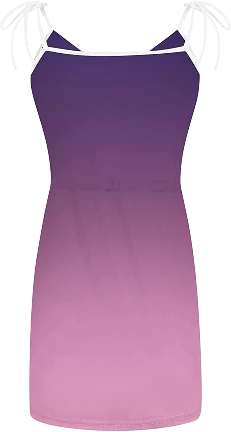Women Summer Casual Striped Dress Drawstring Waist Tie Knot Mini Dresses Short Sleeve V Neck Tank Dress with Pocket