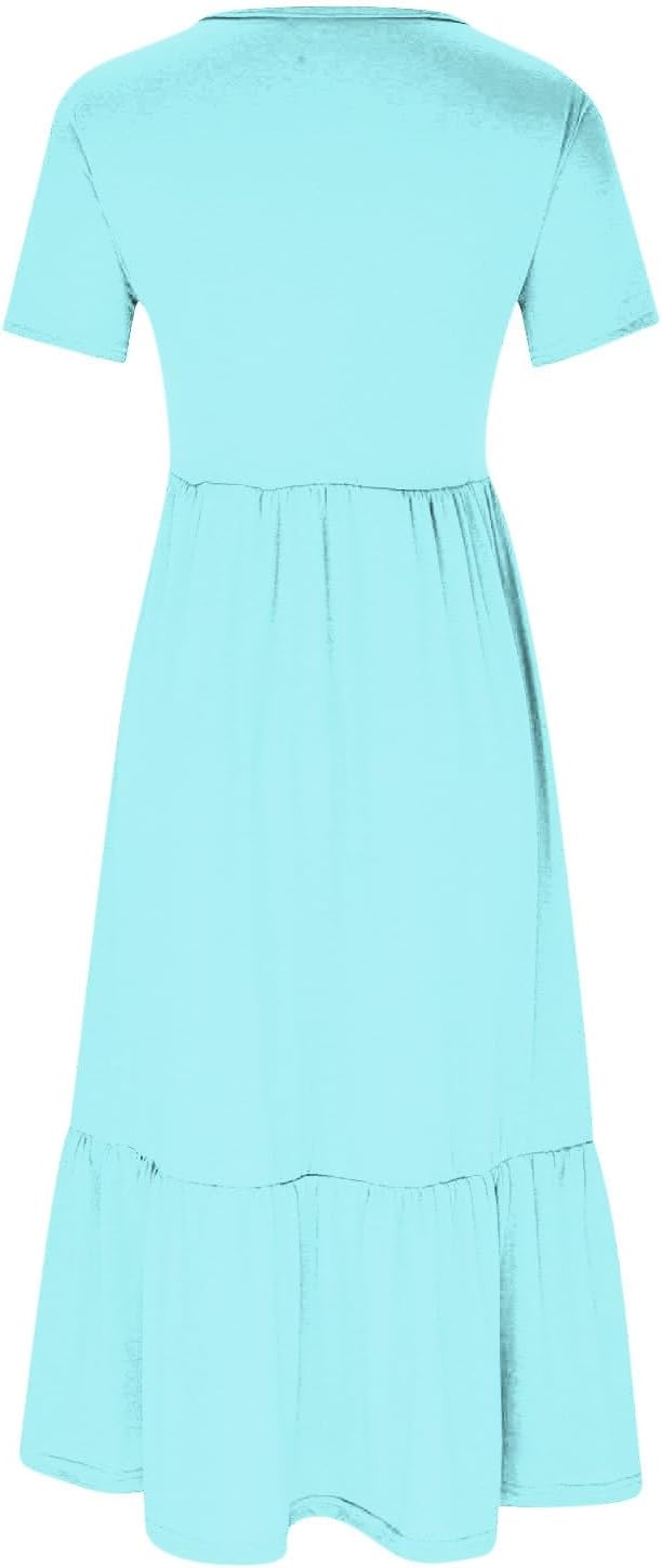 XUNRYAN Summer Dresses for Women 2024 Casual Calf Length Maxi Dress Pleated Flowy Tiered Swing Beach Sundress with Pockets