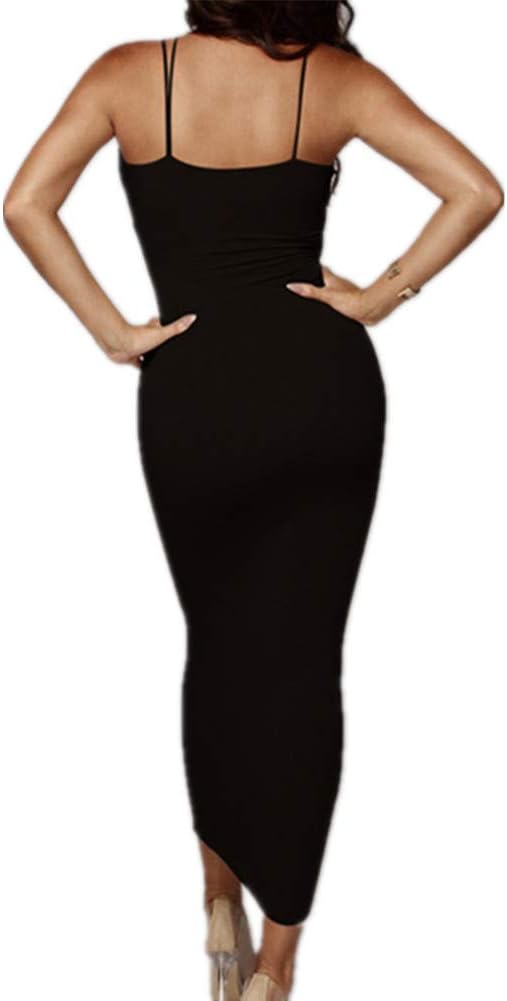 PRIMODA Women's Sexy Neon Asymmetrical Spaghetti Strap Dress Deep V-Neck Sleeveless Bodycon Midi Club Dress
