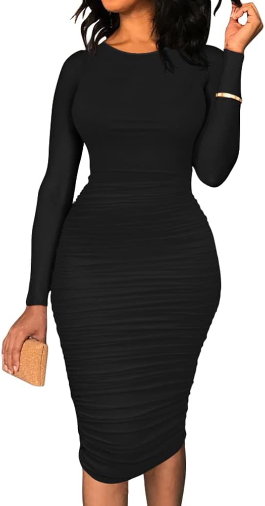 BEAGIMEG Women's Ruched Long Sleeve Elegant Bodycon Basic Casual Midi Dress