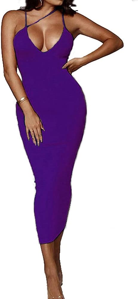 PRIMODA Women's Sexy Neon Asymmetrical Spaghetti Strap Dress Deep V-Neck Sleeveless Bodycon Midi Club Dress