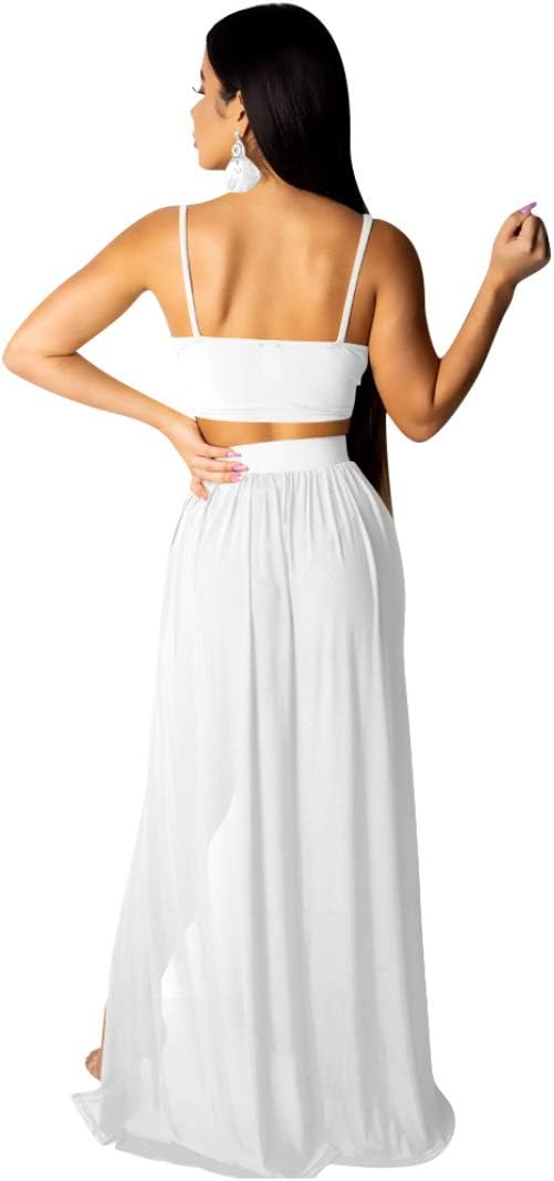 Women Sexy 2 Piece Outfits Dress Chiffon Strap Deep V Neck Bra Crop Top High Split Maxi Dresses Skirt Set