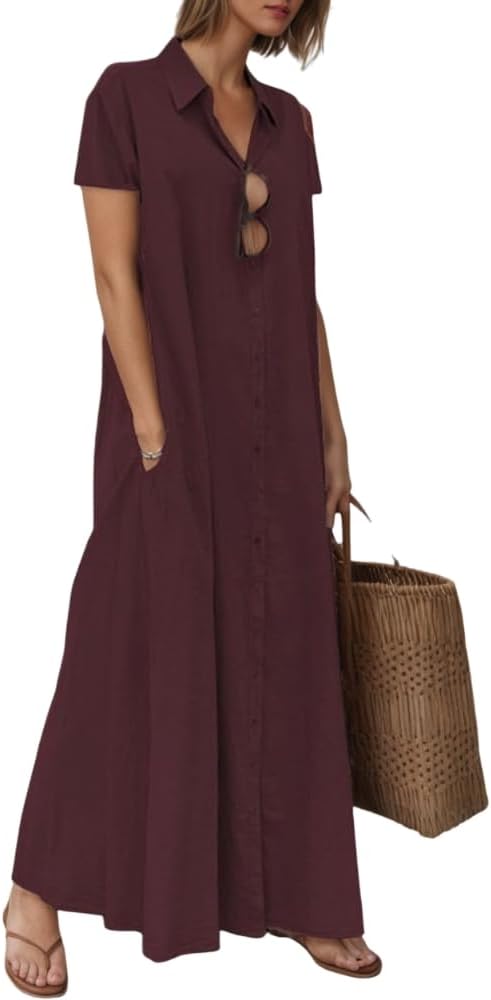 TIAFORD Womens 2025 Trendy Button Down Cotton Linen Maxi Dress Plus Size Short Sleeve Lapel Shirt Dresses with 2 Pockets