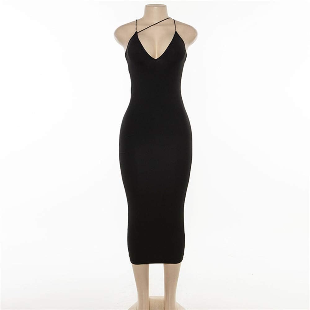 PRIMODA Women's Sexy Neon Asymmetrical Spaghetti Strap Dress Deep V-Neck Sleeveless Bodycon Midi Club Dress
