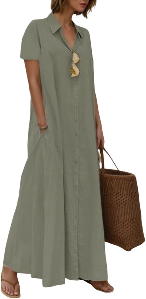 TIAFORD Womens 2025 Trendy Button Down Cotton Linen Maxi Dress Plus Size Short Sleeve Lapel Shirt Dresses with 2 Pockets