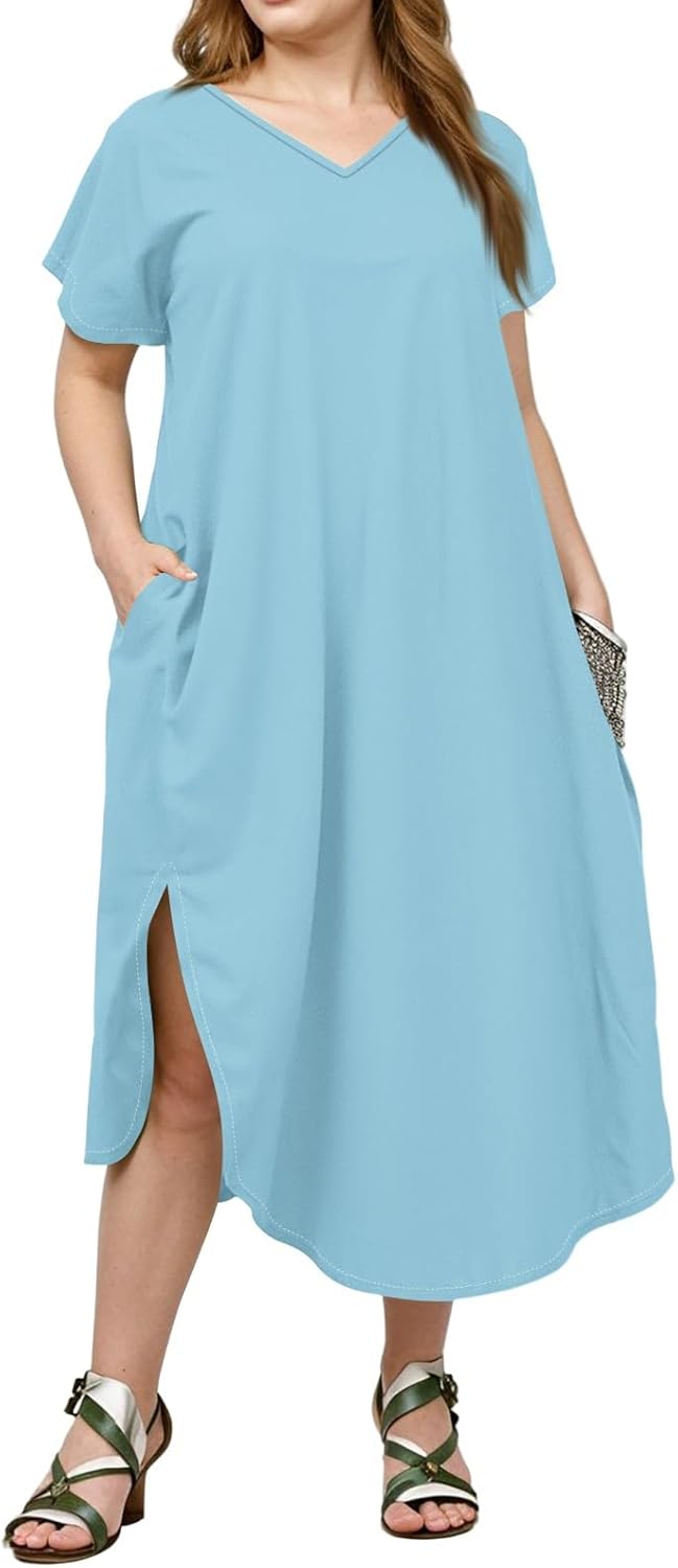 Maxi Dresses for Women 2025 Plus Size Tie Dye V Neck Dress Short Sleeve Side Split Beach Summer Sundress with Pocket
