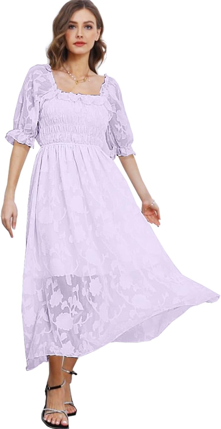 Women Floral Easter Spring Summer Dress Square Neck Chiffon Boho 2025 Maxi Long Wedding Guest Bridal Shower Dresses