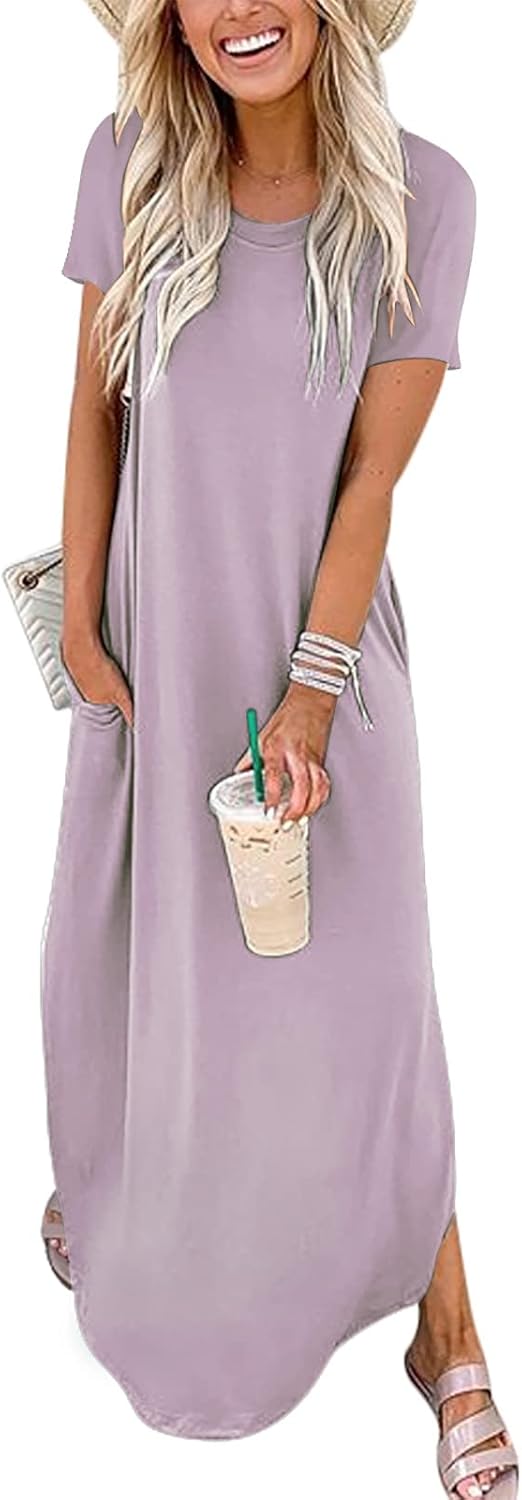 ANRABESS Women's Summer Casual Loose Short Sleeve Long T Shirt Dress Split Maxi Beach Sundress Travel Vacation Outfits