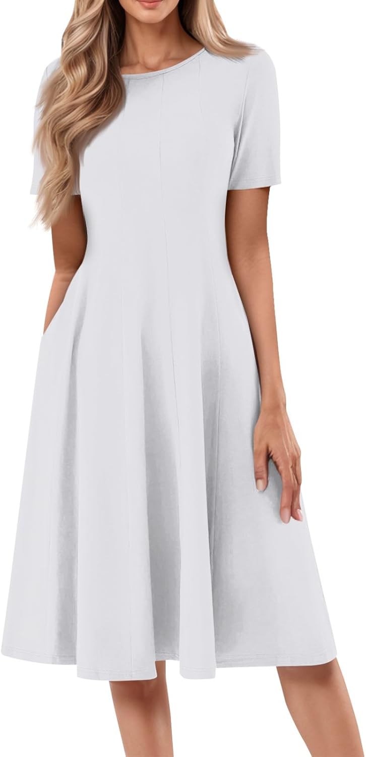 Summer Dresses for Women 2025 Crew Neck Short Sleeve Boho Beach Vacation Floral/Solid Midi Sundresses with Pockets