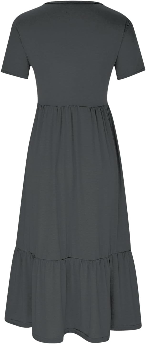 XUNRYAN Summer Dresses for Women 2024 Casual Calf Length Maxi Dress Pleated Flowy Tiered Swing Beach Sundress with Pockets