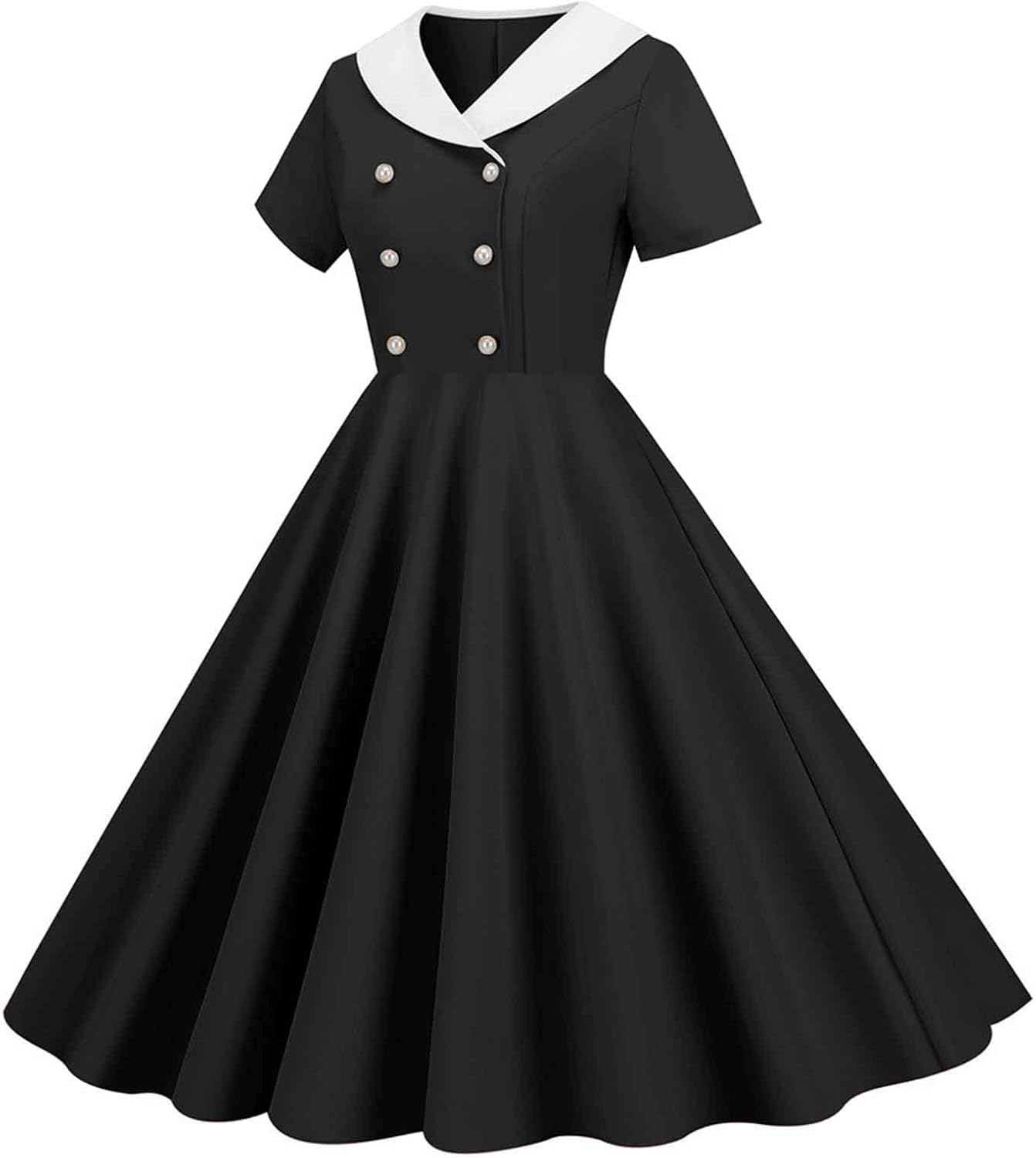 Women Double Breasted Notch Lapel 50s Vintage Short Sleeve Cocktail Swing Dress Polka Dot 1950s Rockabilly Prom Dress
