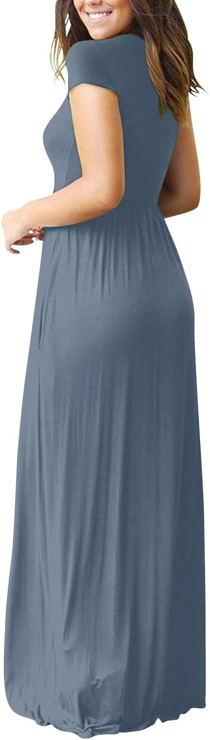 DEARCASE Maxi Dress for Women Short Sleeve Casual Summer Loose Plain Comfy Long Dresses with Pockets