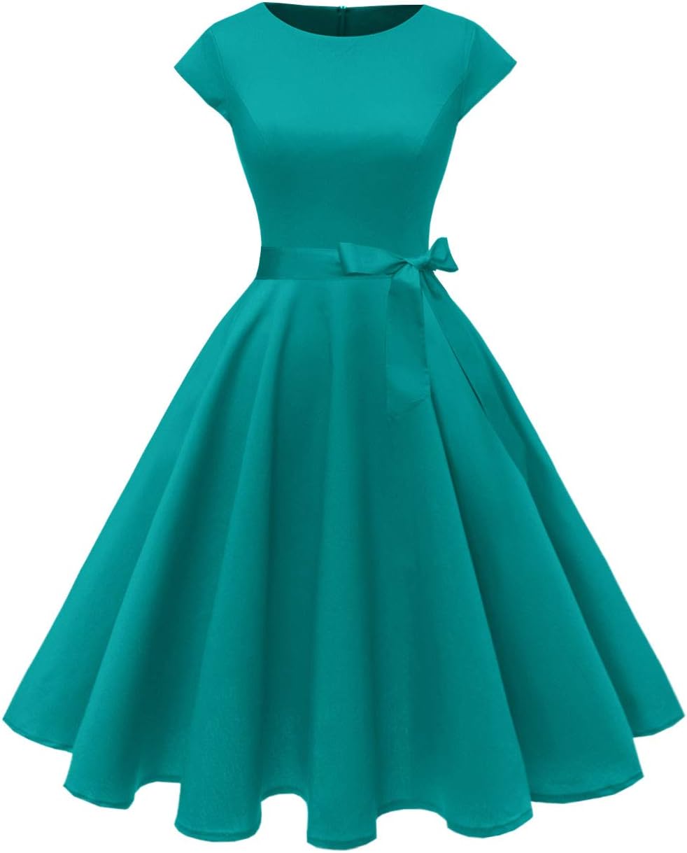 PUKAVT Women's 1950 Boatneck Cap Sleeve Vintage Swing Cocktail Party Dress with Pockets