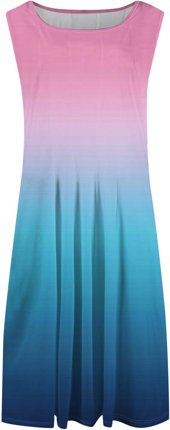Womens Tank Sundress 2025 Casual Floral Print Tshirt Dress Swing Sleeveless Midi Dress Crewneck Pleated Summer Dresses