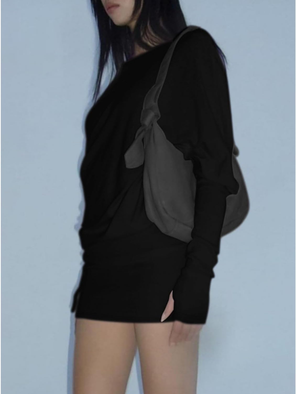 Loose Fit Sheer Dress Batwing Off The Shoulder Long Sleeve Mini Ruched Oversized Casual Streetwear Sexy Dress