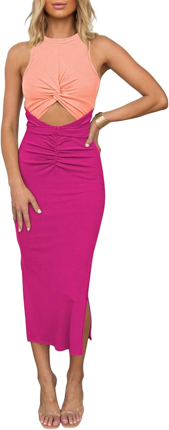 HUUSA Women's Sexy Sleeveless Cut Out Slim Bodycon Dress Crewneck Crisscross Twist Ruched Slit Ribbed Knit Tank Midi Dress