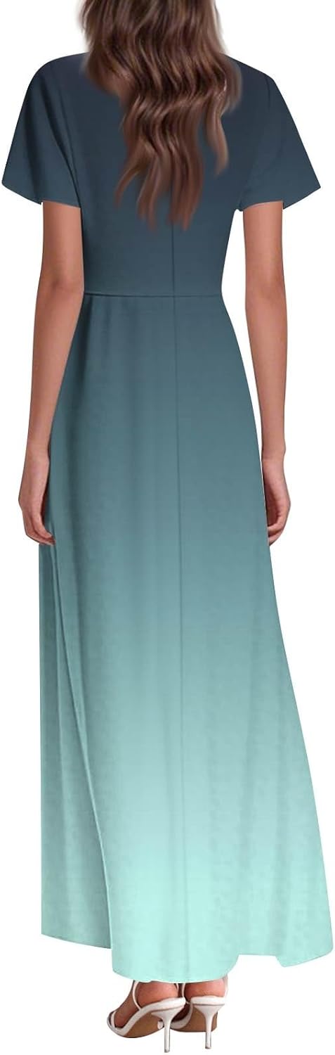 Womens Fashion V Neck Ruffle Short Sleeve Maxi Dress 2025 Summer Elegant Solid Color Flowy A Line Dresses