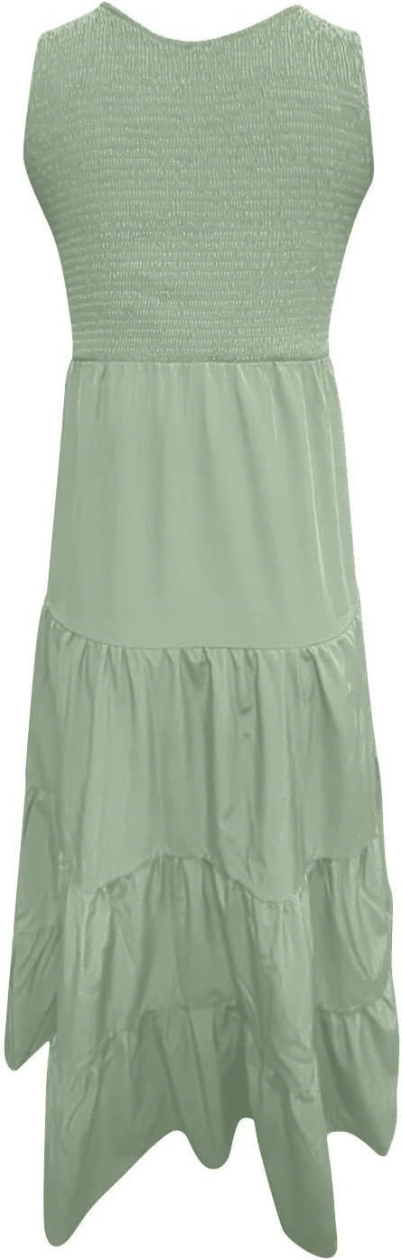 Women Summer Sleeveless Dressees Boho Maxi Dress Casual Smocked Square Neck Sundress a Line Beach Wedding Dresses