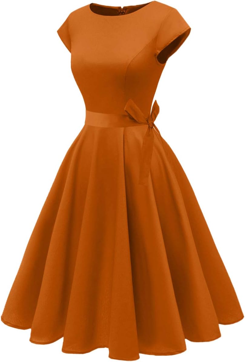 PUKAVT Women's 1950 Boatneck Cap Sleeve Vintage Swing Cocktail Party Dress with Pockets