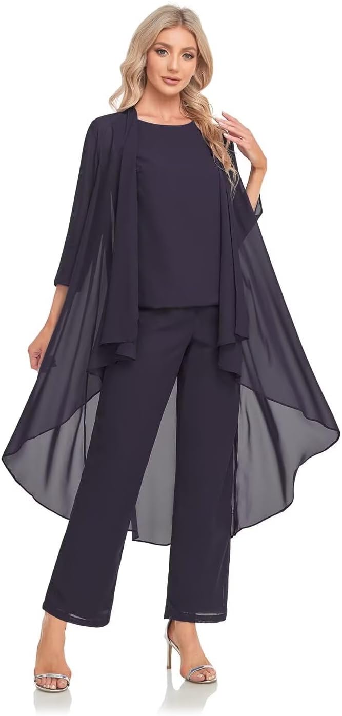 Women's 3 Pieces Chiffon Mother of The Bride Dress with Jacket Chiffon Formal Evening Dresses