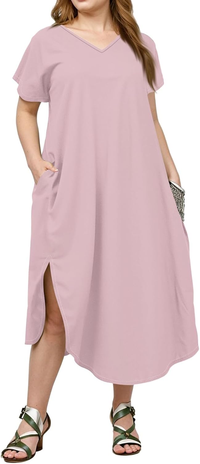 Maxi Dresses for Women 2025 Plus Size Tie Dye V Neck Dress Short Sleeve Side Split Beach Summer Sundress with Pocket