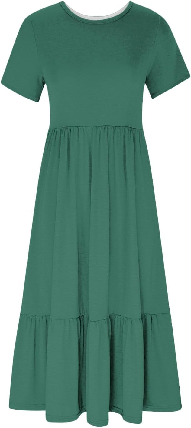 XUNRYAN Summer Dresses for Women 2024 Casual Calf Length Maxi Dress Pleated Flowy Tiered Swing Beach Sundress with Pockets