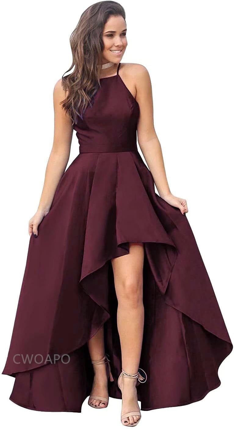 CWOAPO Halter High Low Bridesmaid Dress Evening Dress Satin Homecoming Dresses A Line Cocktail Gowns with Pockets