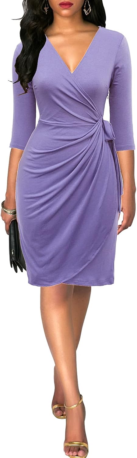 Berydress Women's Classic 3/4 Sleeve V Neck Sheath Casual Party Work Faux Black Wrap Dress