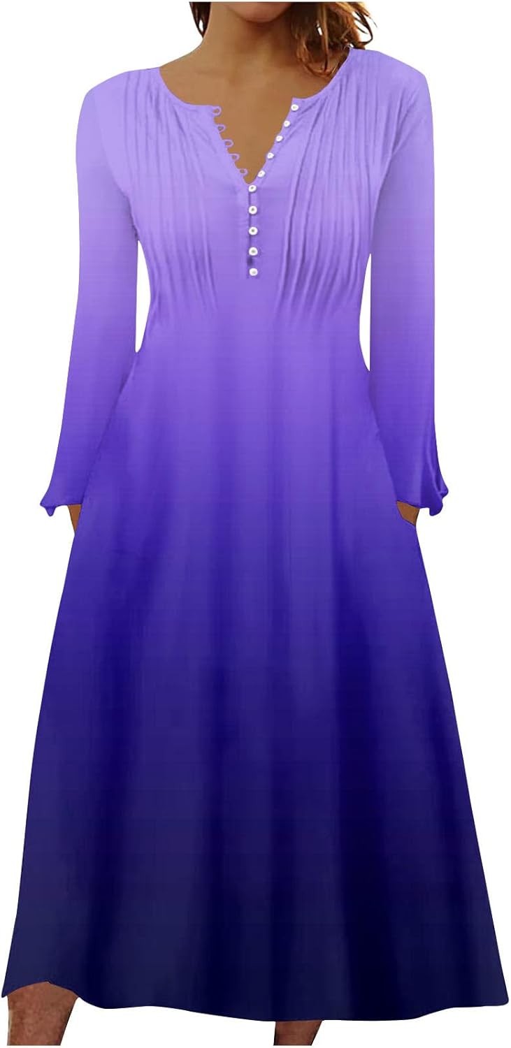 DOPOCQ Fall Women Dresses 2023 Long Sleeve V Neck Plus Size Maxi Dress Boho Dress High Waisted A-Line Dress with Pocket