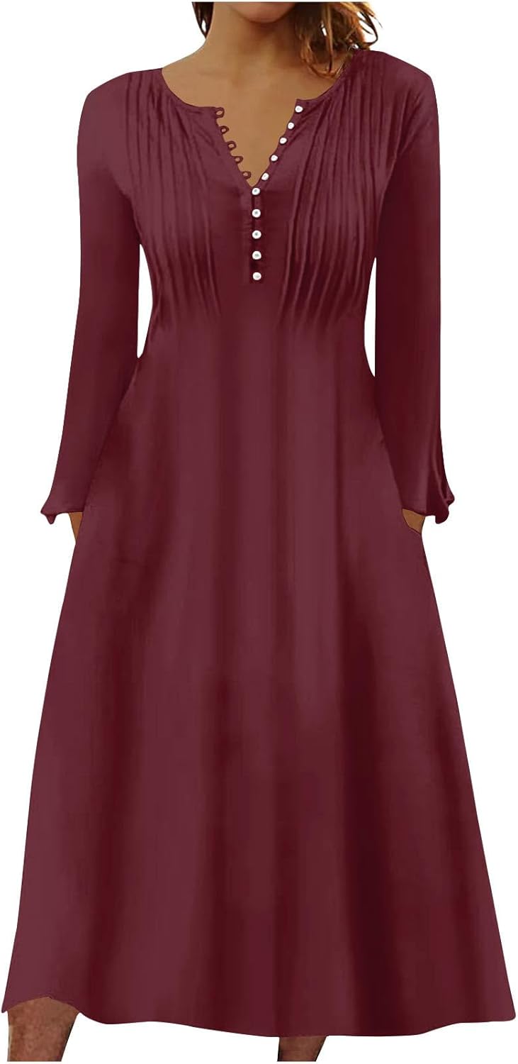 DOPOCQ Fall Women Dresses 2023 Long Sleeve V Neck Plus Size Maxi Dress Boho Dress High Waisted A-Line Dress with Pocket
