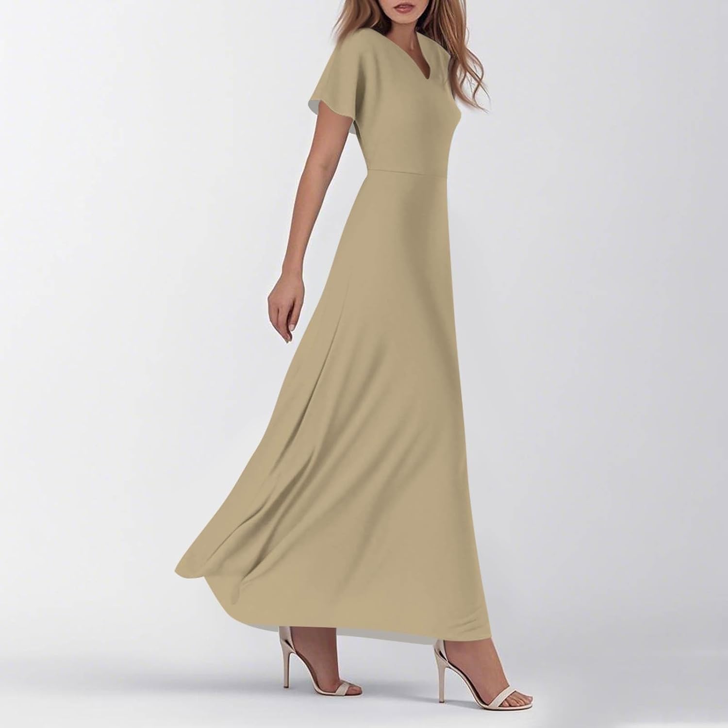 Womens Fashion V Neck Ruffle Short Sleeve Maxi Dress 2025 Summer Elegant Solid Color Flowy A Line Dresses