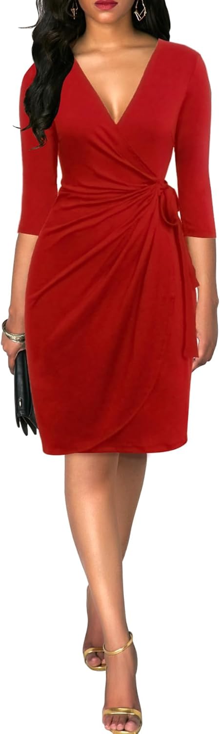 Berydress Women's Classic 3/4 Sleeve V Neck Sheath Casual Party Work Faux Black Wrap Dress