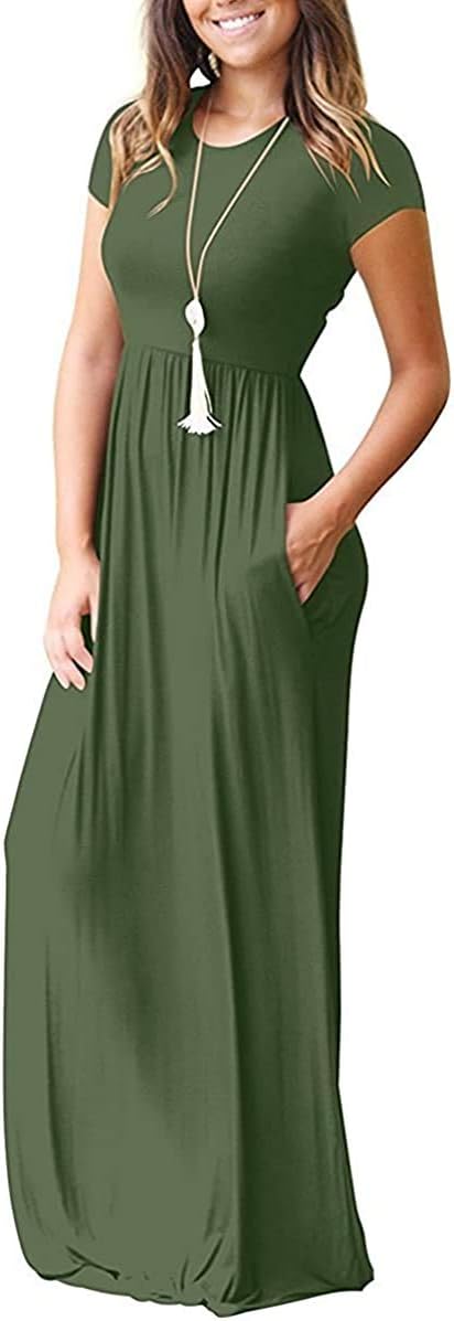 DEARCASE Maxi Dress for Women Short Sleeve Casual Summer Loose Plain Comfy Long Dresses with Pockets