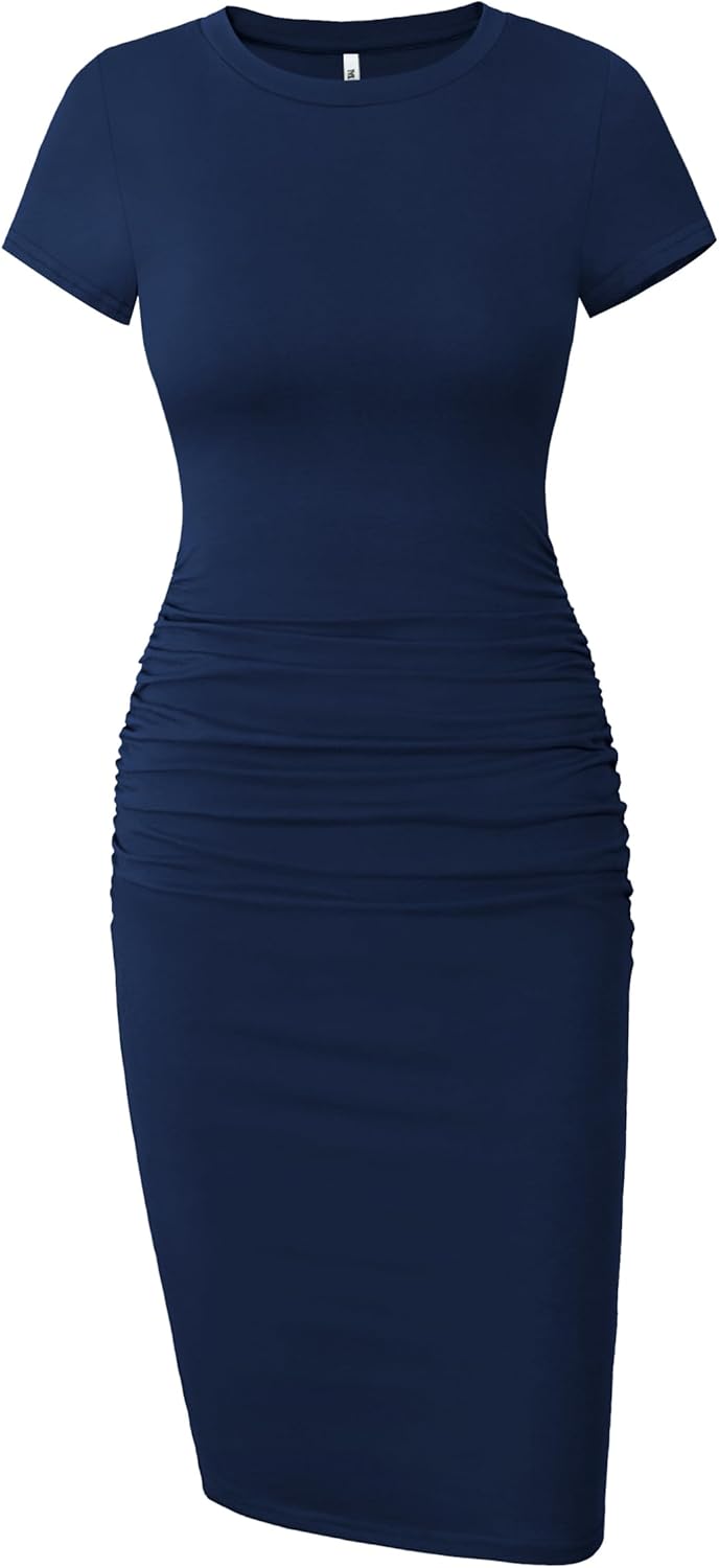 Missufe Women's Short Sleeve Ruched Casual Sundress Midi Bodycon T Shirt Dress