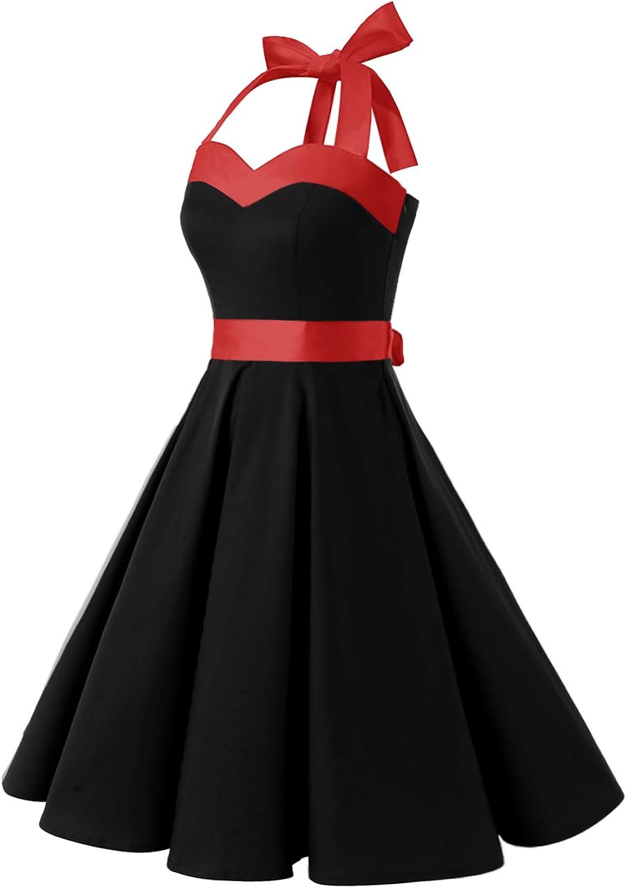 DRESSTELLS Women's Vintage 1950s Cocktail Party Dress Retro Wedding Guest Halter Rockabilly Swing Dresses