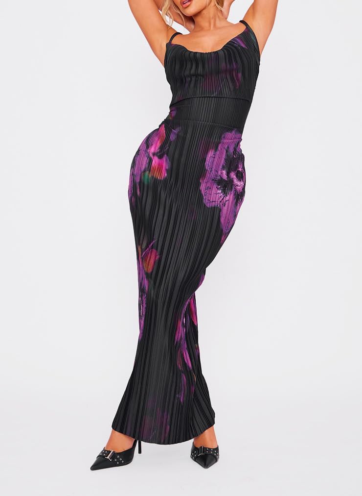 Cowl Neck Dress Sexy Strap Shoulder Pleated Maxi Dresses Summer Wedding Guest Dresses for Women