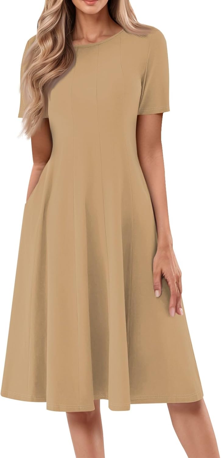 Summer Dresses for Women 2025 Crew Neck Short Sleeve Boho Beach Vacation Floral/Solid Midi Sundresses with Pockets