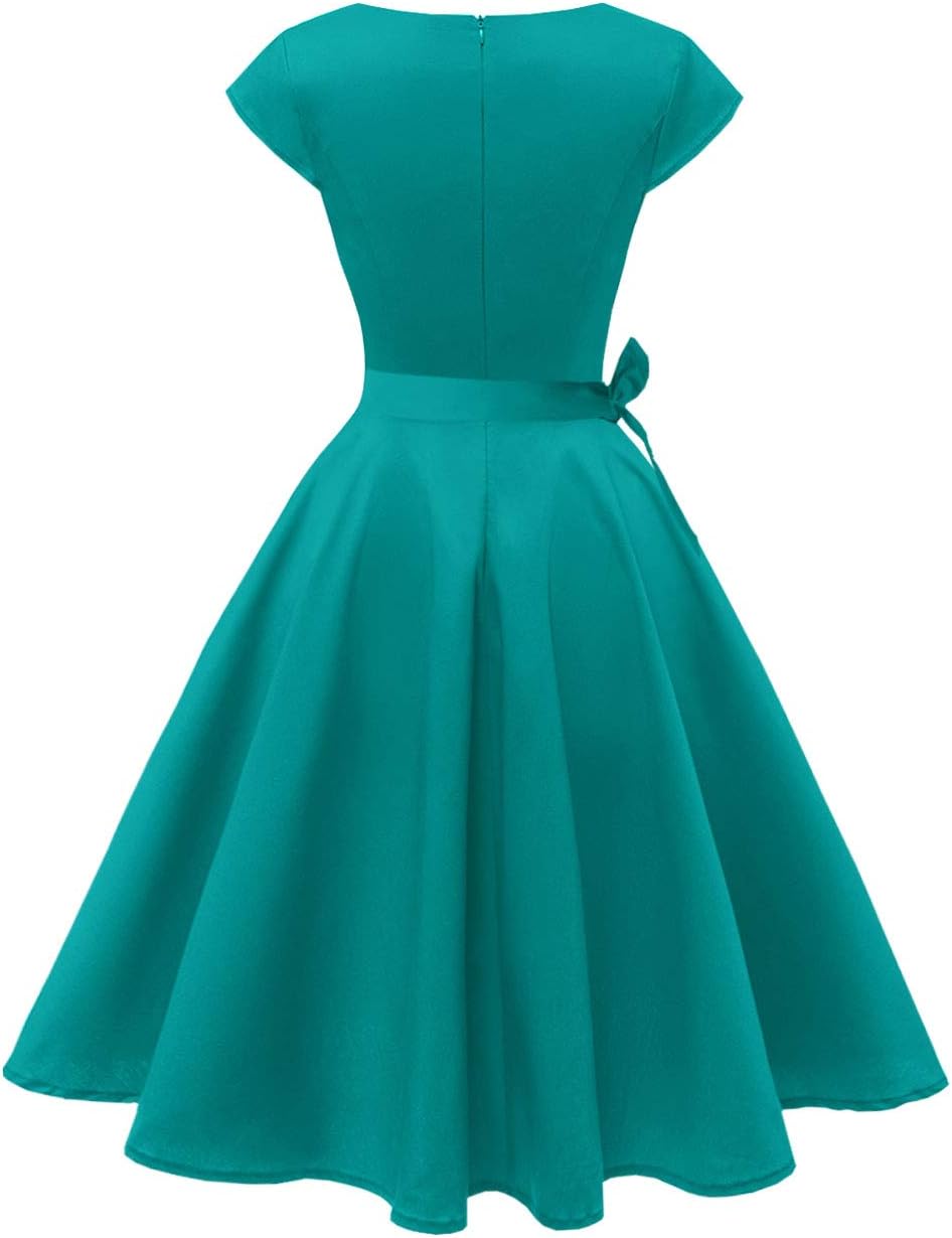 PUKAVT Women's 1950 Boatneck Cap Sleeve Vintage Swing Cocktail Party Dress with Pockets
