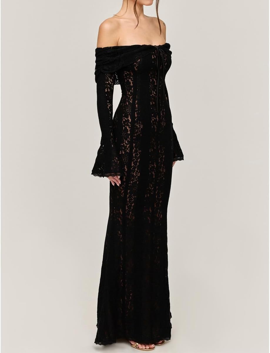 Autumn Elegant Off Shoulder Lace Maxi Dress White Women Long Sleeve Evening Party Dresses for Date Nights