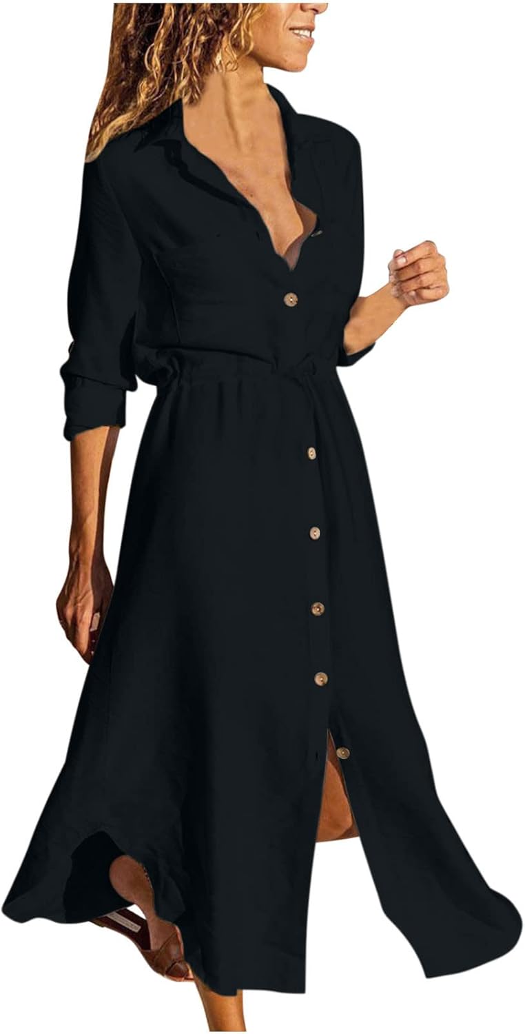 Women's Maxi Shirt Dresses Solid Cotton Linen Button Lapel Long Sleeves Summer Irregular Hem Daily Casual Sundress